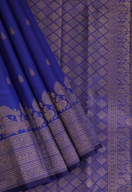 Lapis Blue Kanchipuram Silk Sarees with Gold Zari Floral Patterns