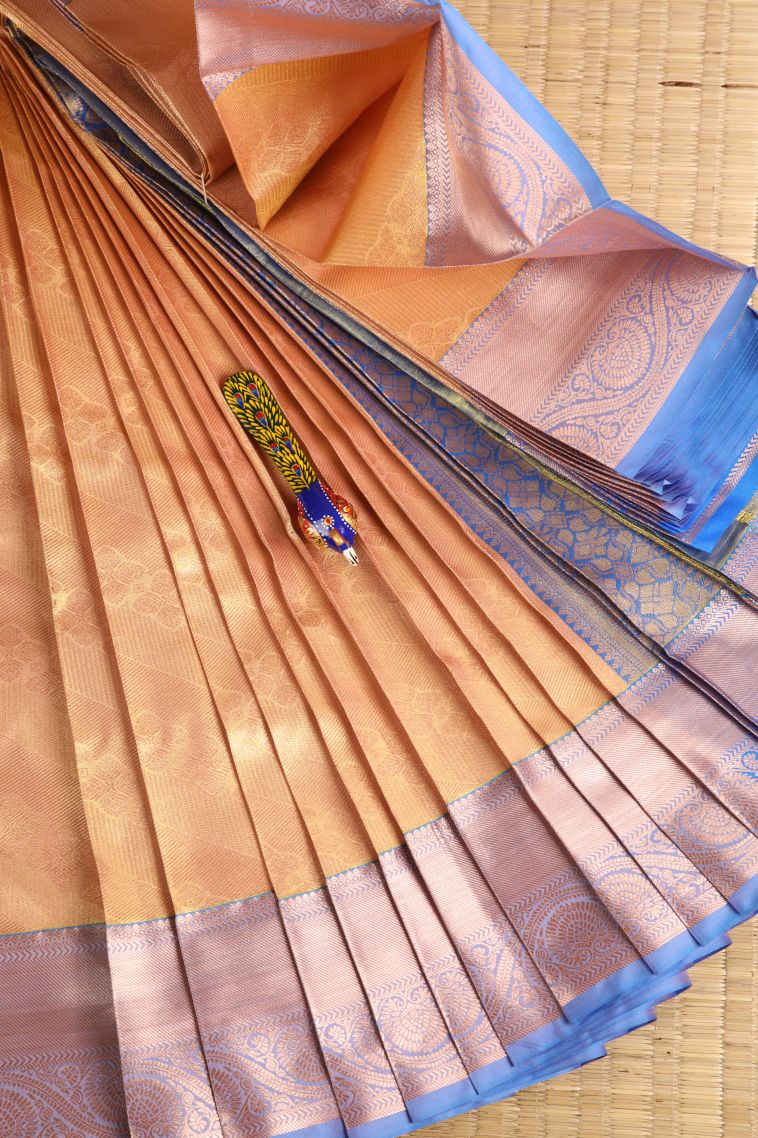 Sepia Yellow Visiri Madippu Silk Sarees with Copper Zari Floral Patterns view 1