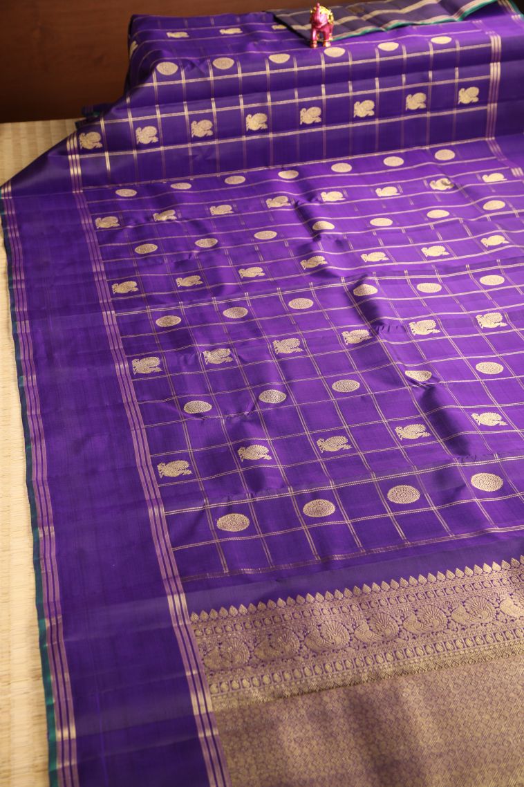 Viola Purple Visiri Madippu Silk Sarees with Gold Zari Peacock And Rudhractam view 2