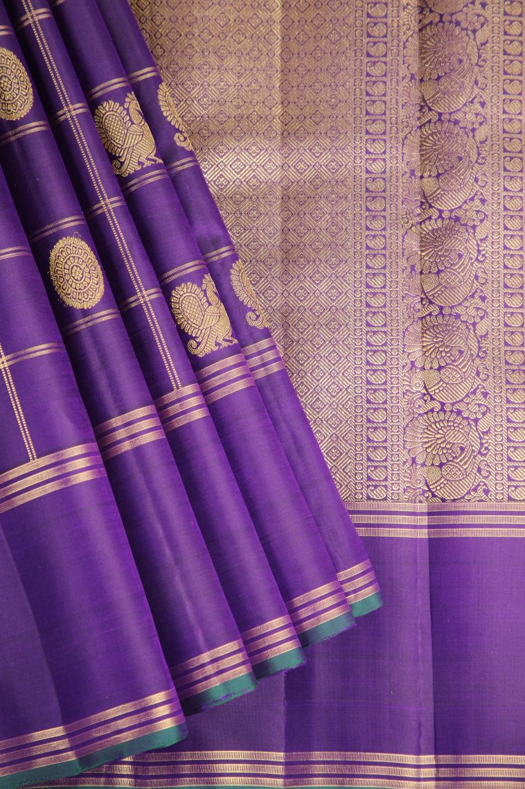 Viola Purple Visiri Madippu Silk Sarees with Gold Zari Peacock And Rudhractam view 1