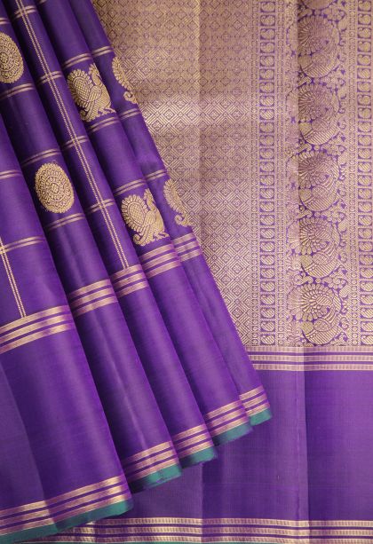 Viola Purple Visiri Madippu Silk Sarees with Gold Zari Peacock And Rudhractam