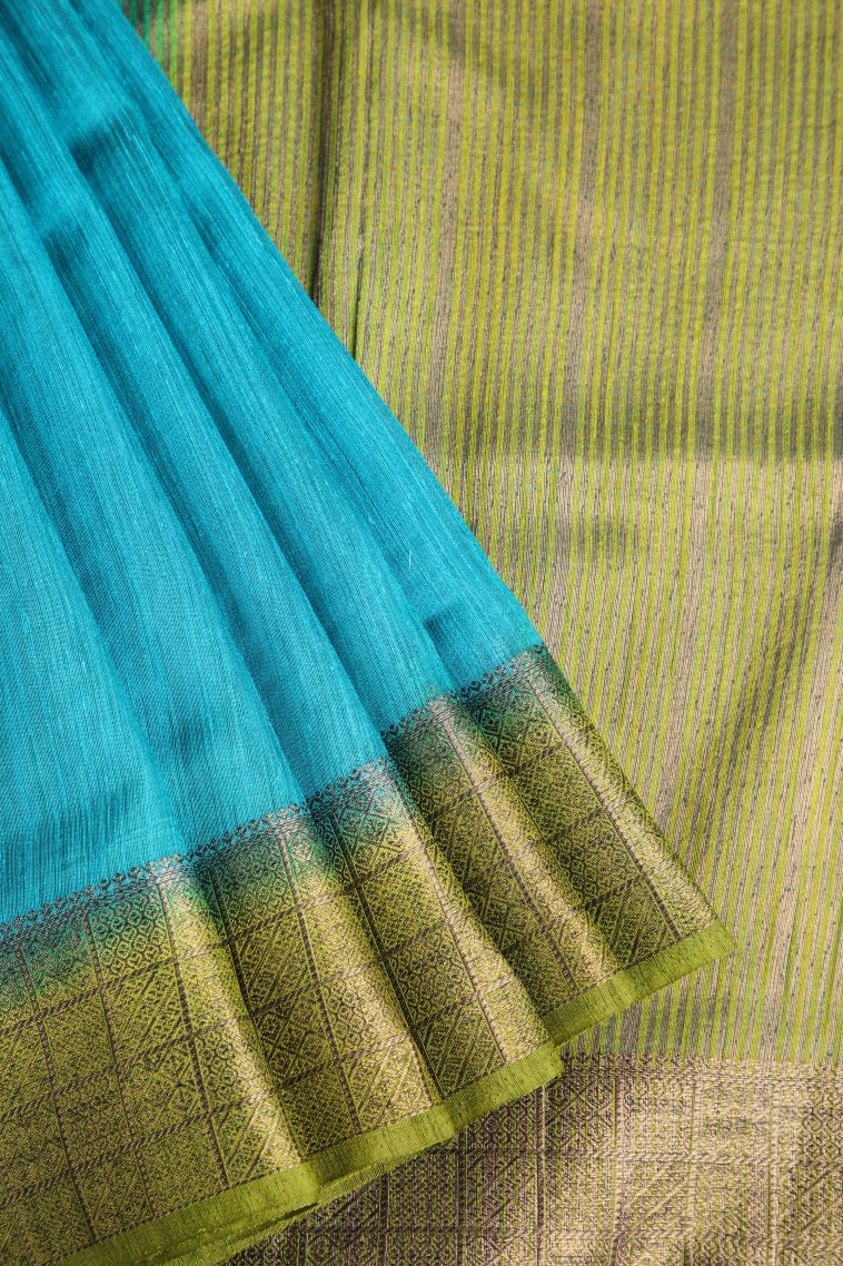 Cerulean Blue Semi Tussar Silk with Gold Zari Plain view 1