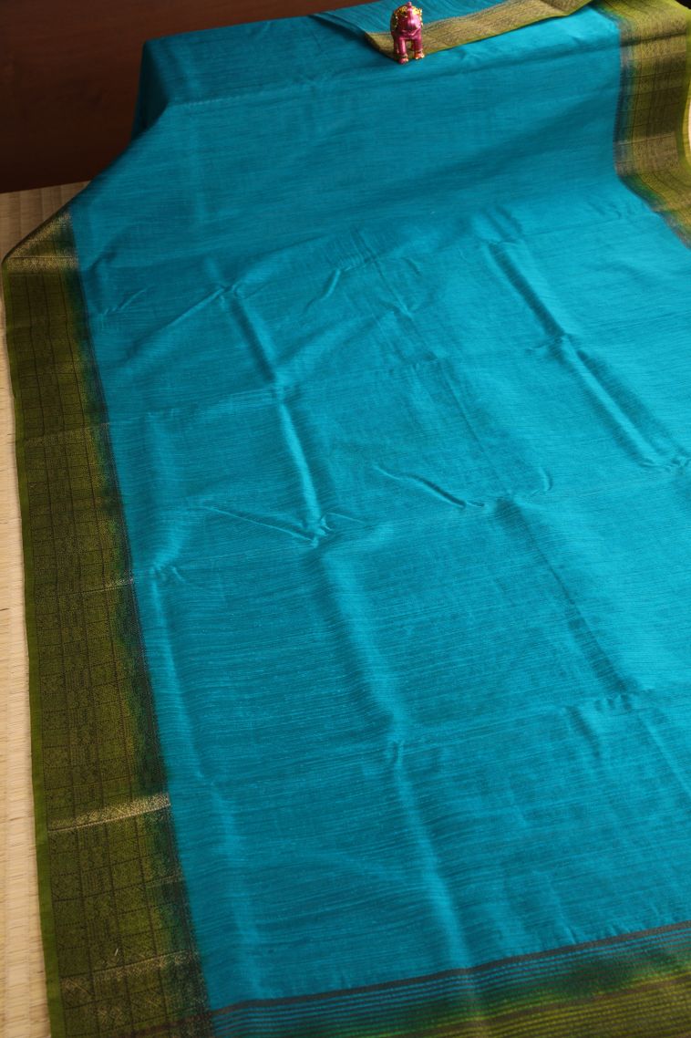 Cerulean Blue Semi Tussar Silk with Gold Zari Plain view 2