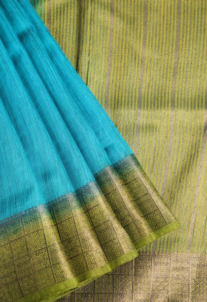 Cerulean Blue Semi Tussar Silk with Gold Zari Plain