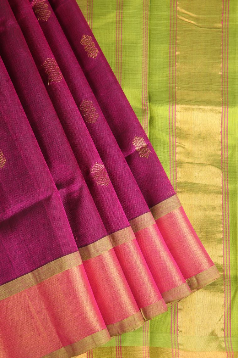 Magenta Purple Silk Cotton with Gold Zari Buttis (small Dots Or Motifs) view 1