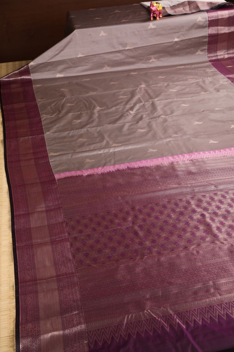 Gray Black Apoorva Silk Sarees with Gold Zari Floral Puttas view 2