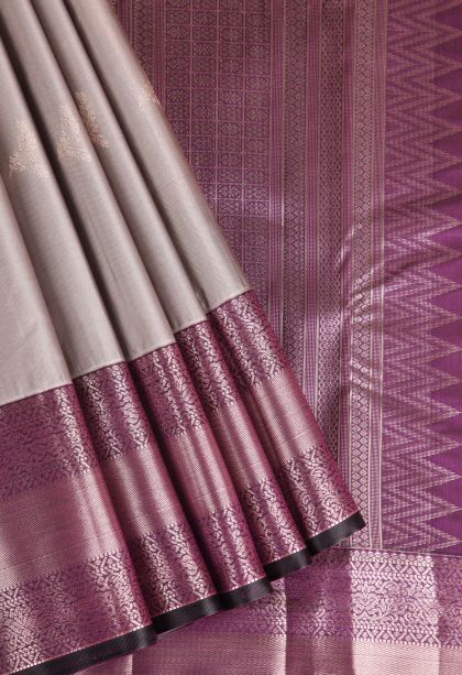 Gray Black Apoorva Silk Sarees with Gold Zari Floral Puttas