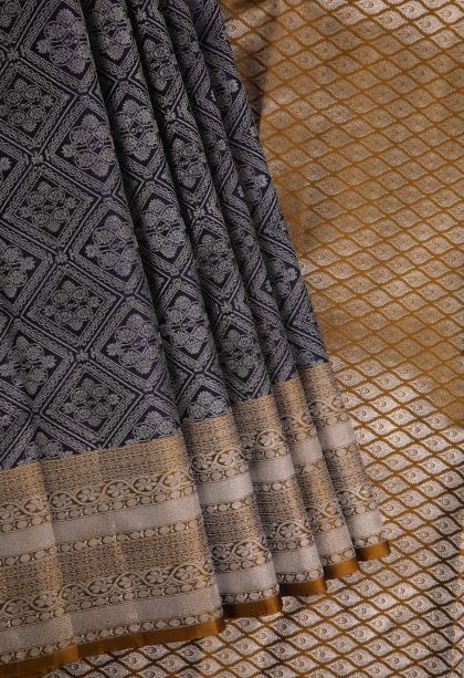 Indigo Blue Soft Silk Saree with Silver Zari Floral Patterns