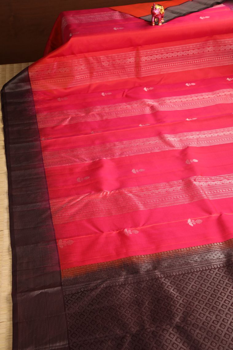 Rose  Red Soft Silk Saree with Silver Zari Floral Puttas view 2