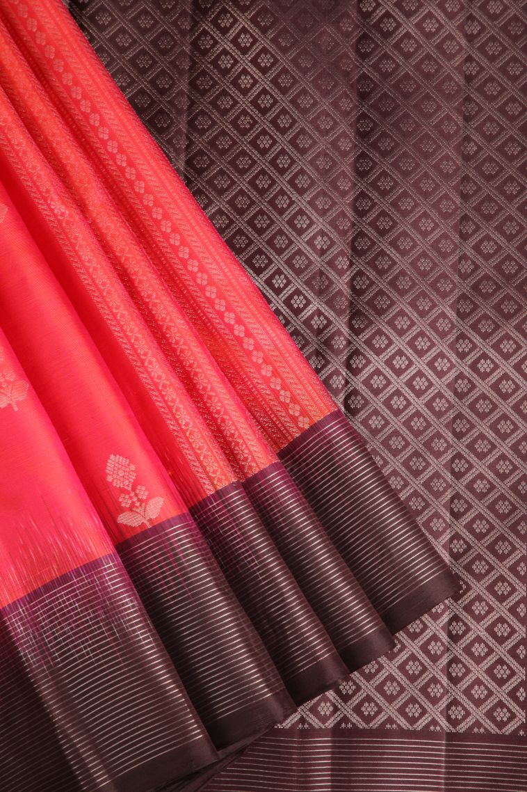Rose  Red Soft Silk Saree with Silver Zari Floral Puttas