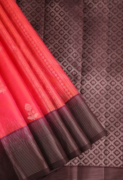 Rose  Red Soft Silk Saree with Silver Zari Floral Puttas