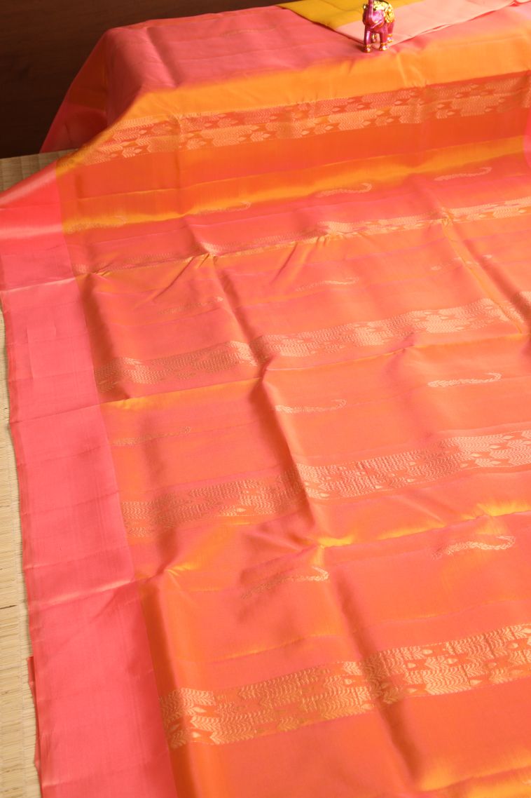 Tiger Orange Soft Silk Saree with Copper Zari Floral Patterns view 2