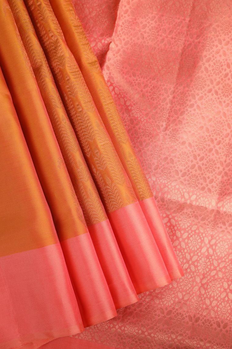 Tiger Orange Soft Silk Saree with Copper Zari Floral Patterns view 1