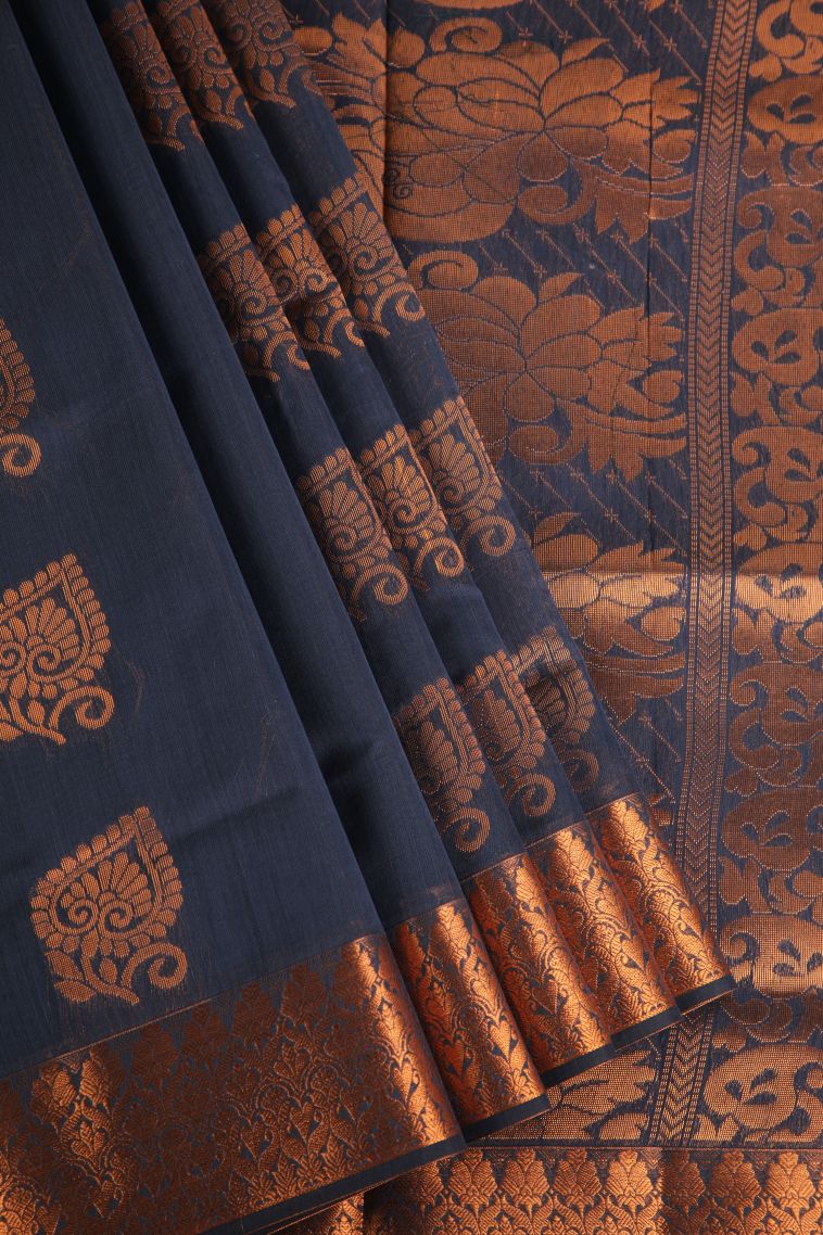 Berry Blue Silk Cotton with Gold Zari Floral Puttas