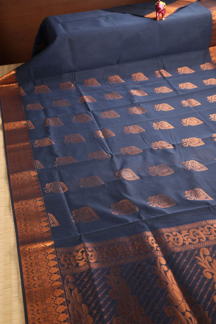 Berry Blue Silk Cotton with Gold Zari Floral Puttas view 2