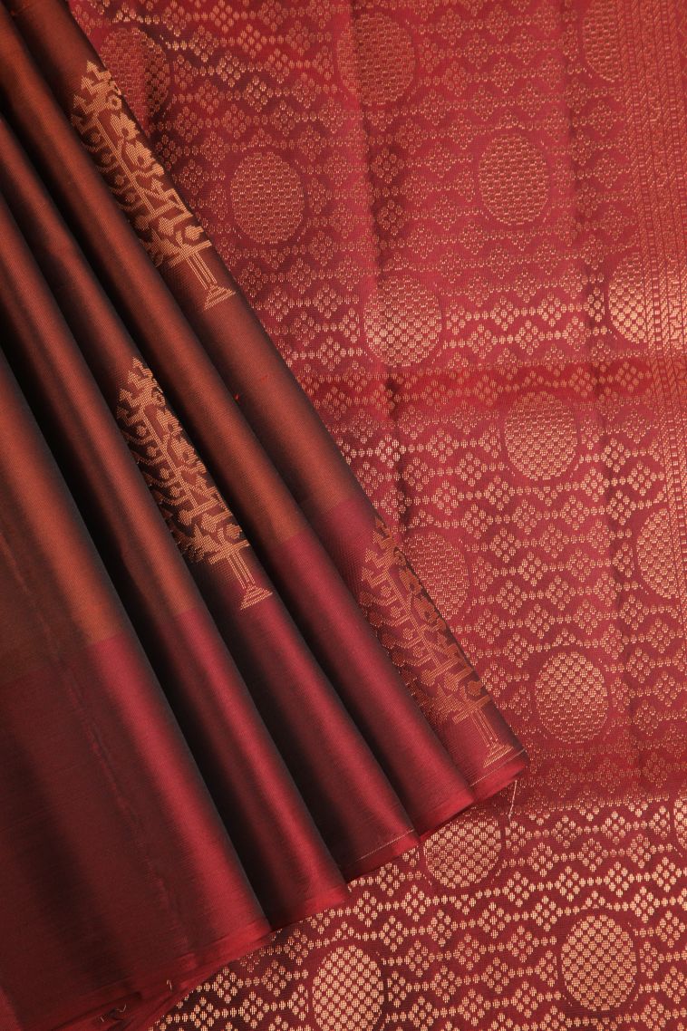 Apple Red Soft Silk Saree with Copper Zari Floral Puttas view 1