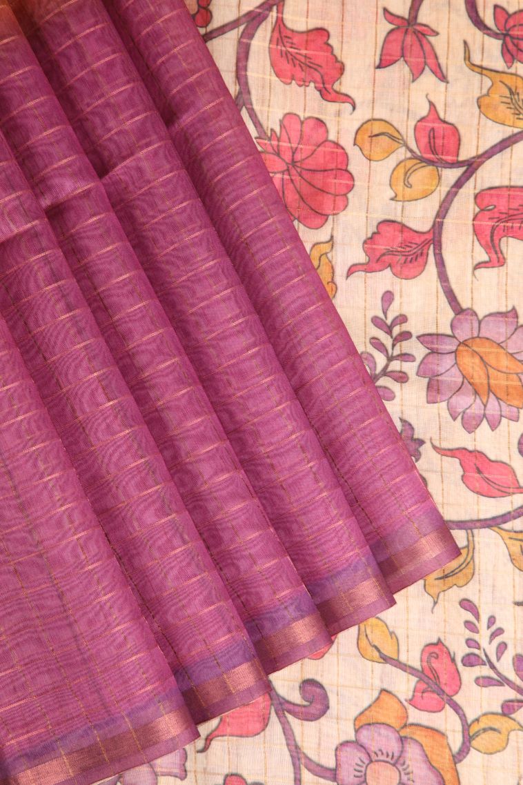 Magenta Purple Semi Tussar Silk with Gold Zari Checks view 1