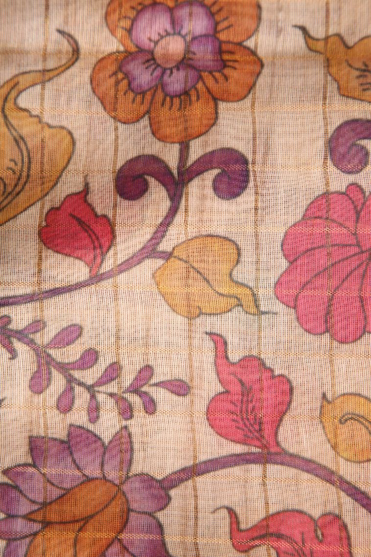 Magenta Purple Semi Tussar Silk with Gold Zari Checks view 3