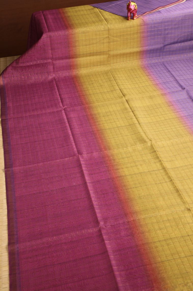 Magenta Purple Semi Tussar Silk with Gold Zari Checks view 2