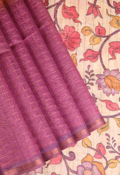 Magenta Purple Semi Tussar Silk with Gold Zari Checks