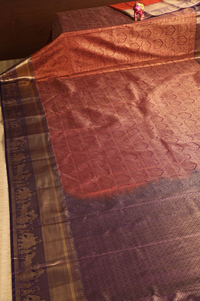 Clay Orange Apoorva Silk Sarees with Gold Zari Peacock Motifs view 2