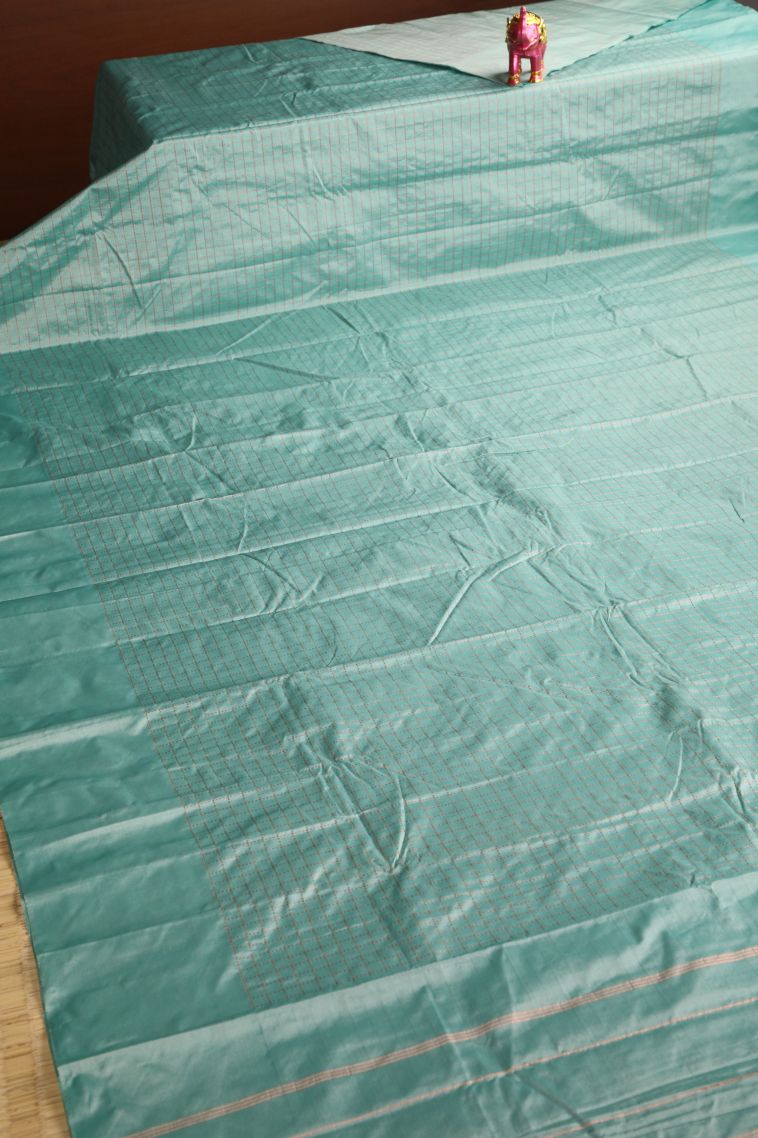 Teal Blue Soft Silk Saree with Gold Zari Checks view 2