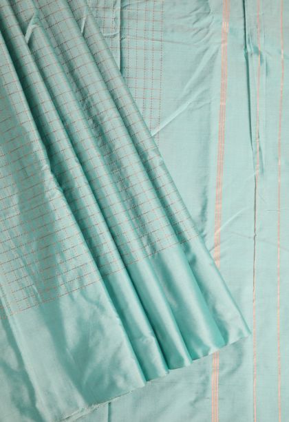 Teal Blue Soft Silk Saree with Gold Zari Checks