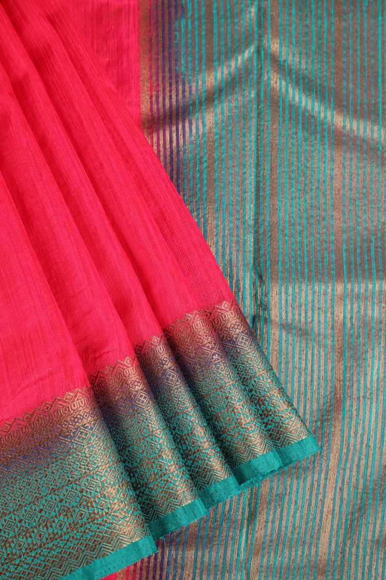 Rose  Red Semi Tussar Silk with Gold Zari Plain view 1