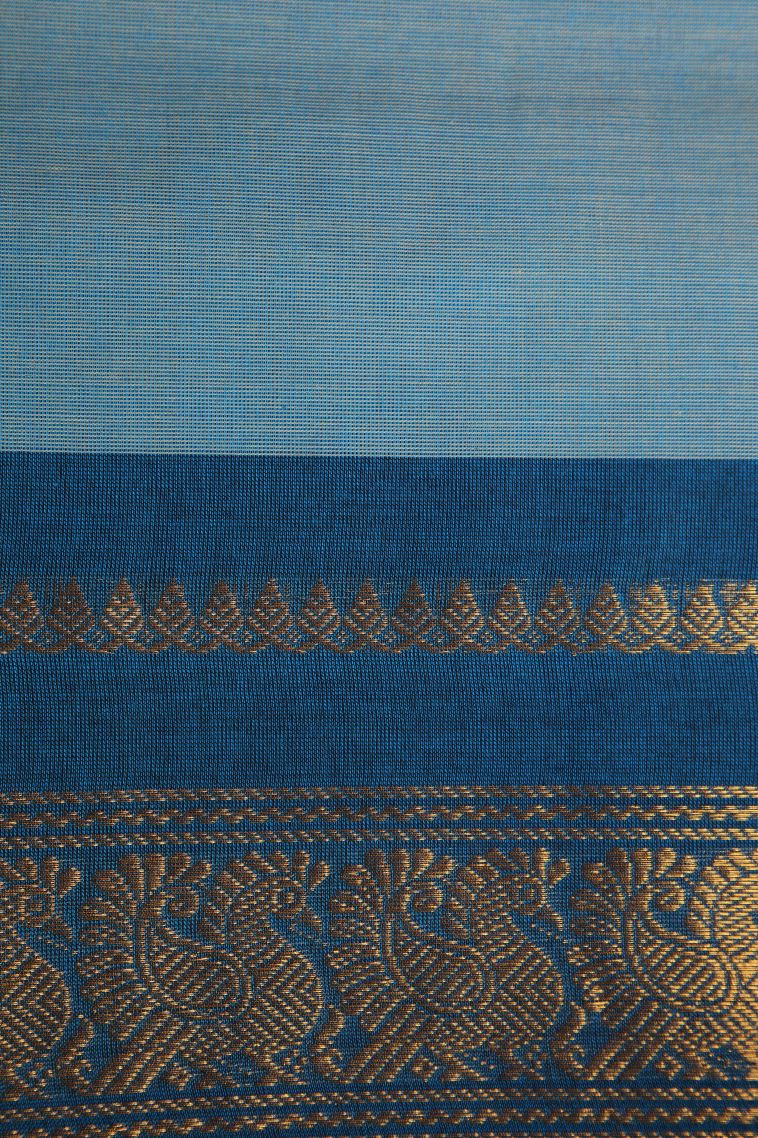Sapphire Blue Chettinad Cotton Sarees with Gold Zari Plain view 3