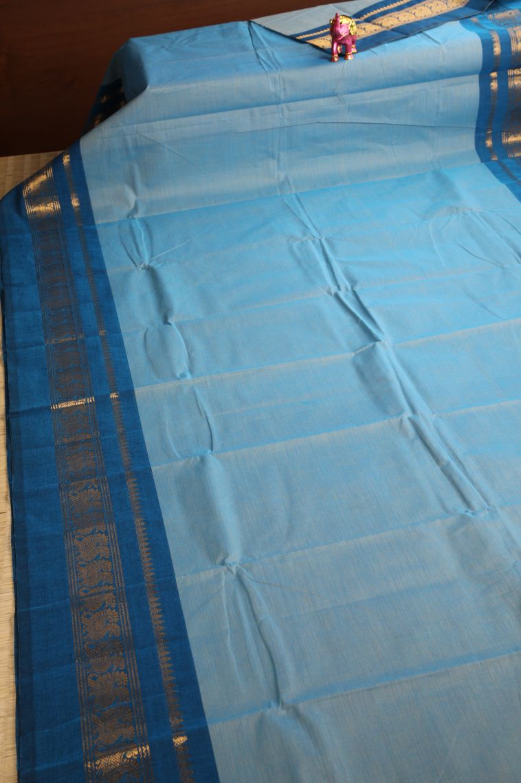 Sapphire Blue Chettinad Cotton Sarees with Gold Zari Plain view 2