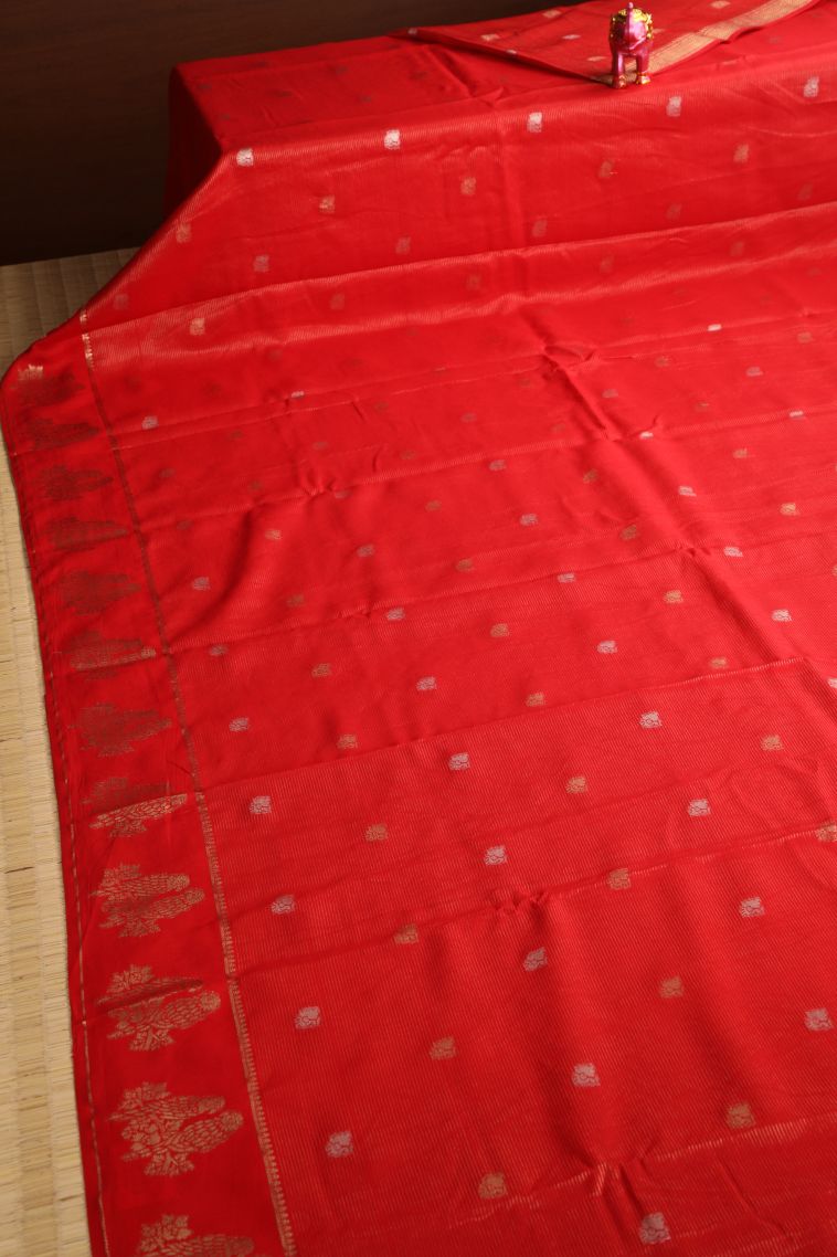 Rose  Red Banaras Sarees with Gold Zari Peacock Motifs view 2