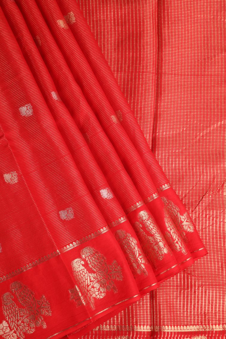 Rose  Red Banaras Sarees with Gold Zari Peacock Motifs view 1