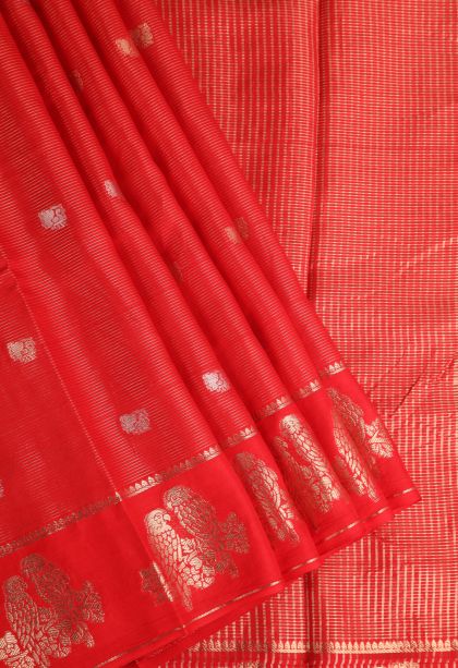 Rose  Red Banaras Sarees with Gold Zari Peacock Motifs