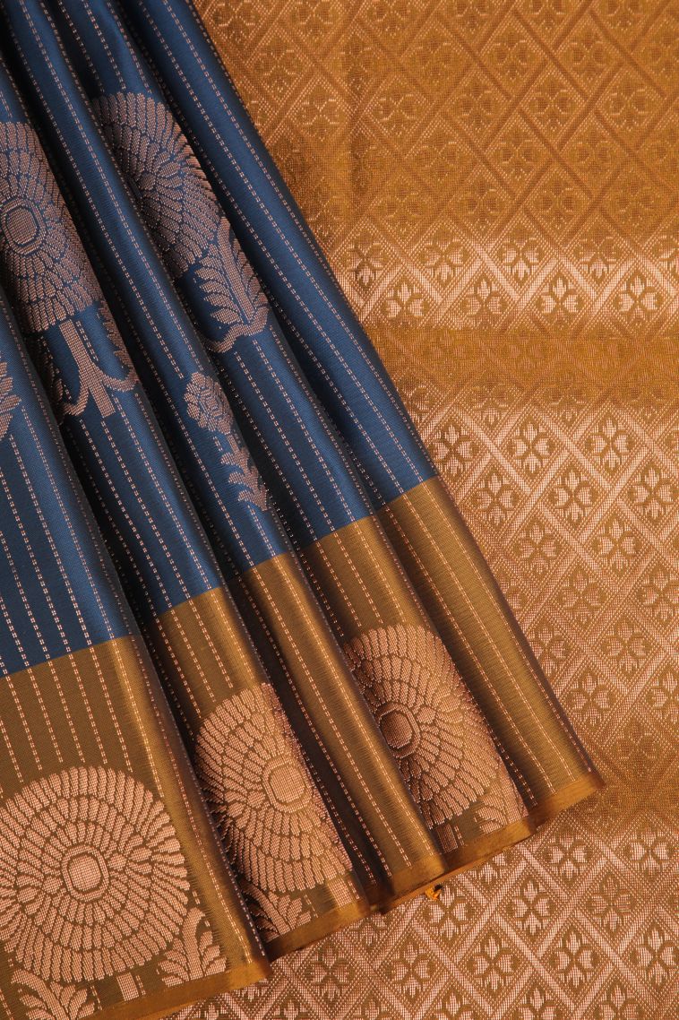 Aegean Blue Soft Silk Saree with Copper Zari Buttis (small Dots Or Motifs) view 1