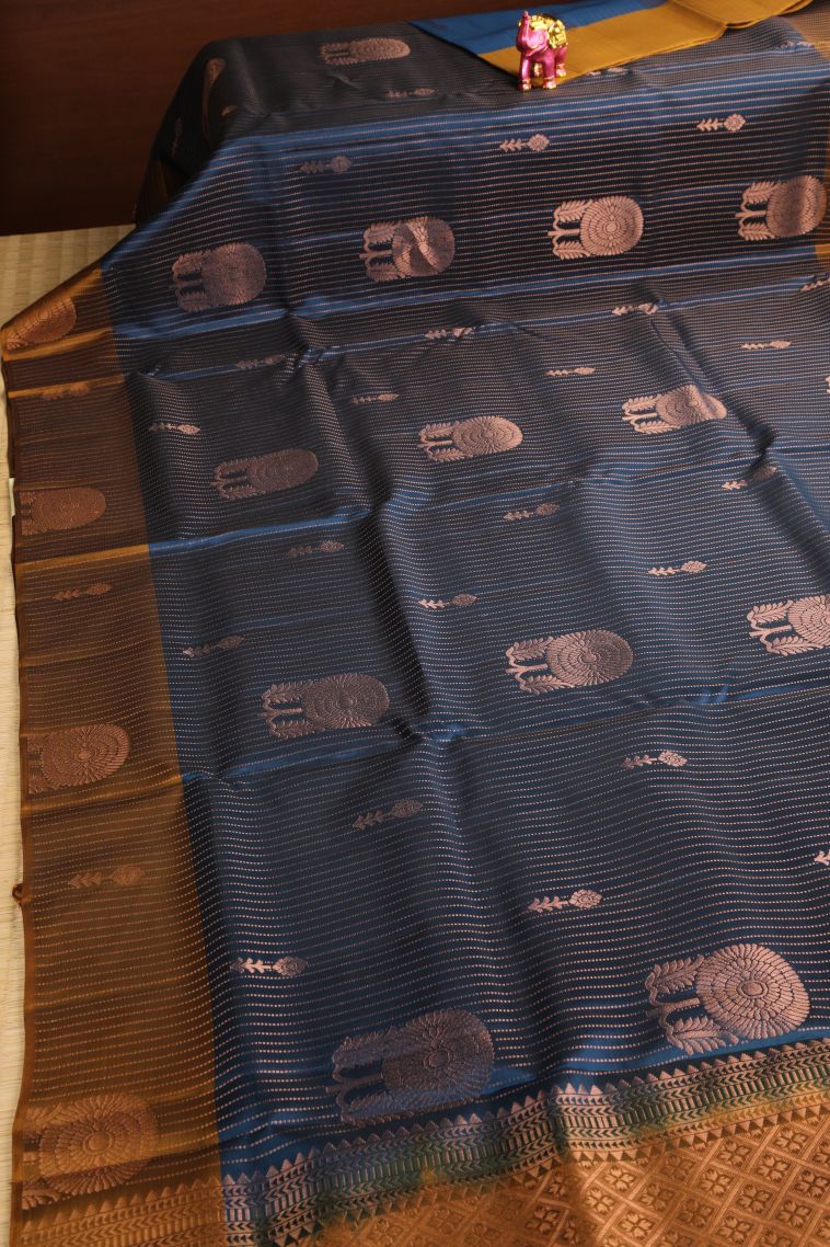 Aegean Blue Soft Silk Saree with Copper Zari Buttis (small Dots Or Motifs) view 2