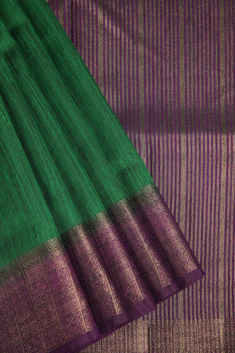 Basil Green Semi Tussar Silk with Gold Zari Plain view 1
