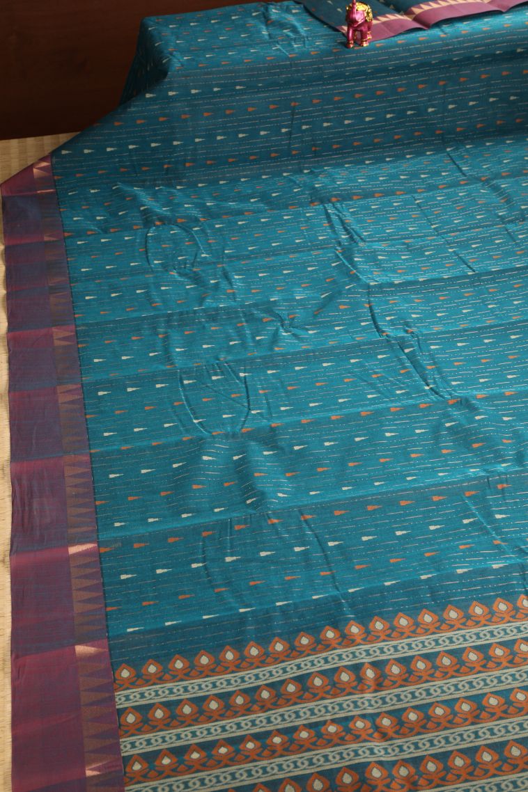 Cerulean Blue Chettinad Cotton Sarees with Without Zari Zari Temple Pattern view 2