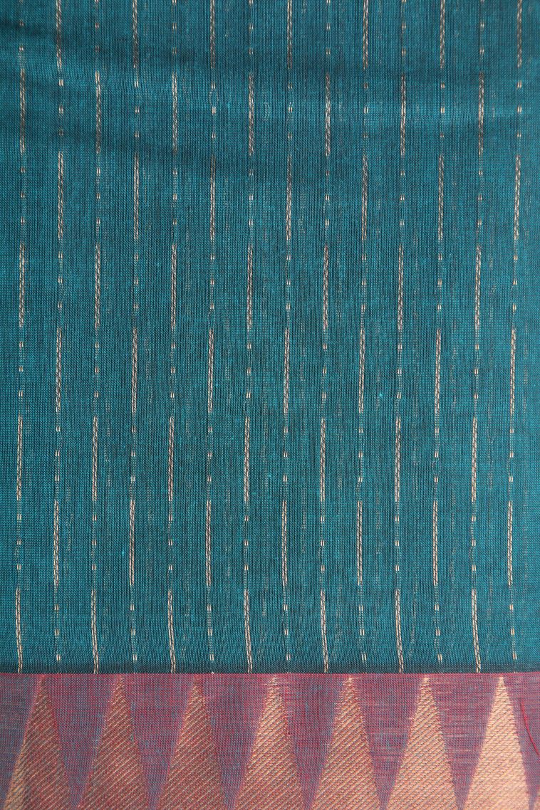 Cerulean Blue Chettinad Cotton Sarees with Without Zari Zari Temple Pattern view 3