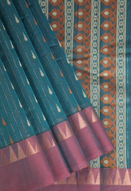 Cerulean Blue Chettinad Cotton Sarees with Without Zari Zari Temple Pattern