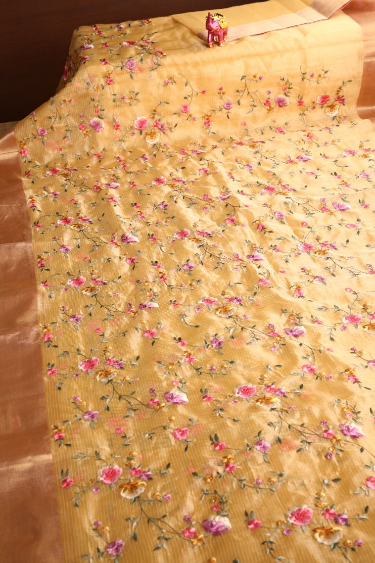Cookie Yellow Tissue Silk Sarees with Gold Zari Embroidary view 2