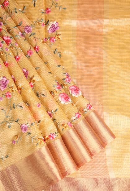 Cookie Yellow Tissue Silk Sarees with Gold Zari Embroidary