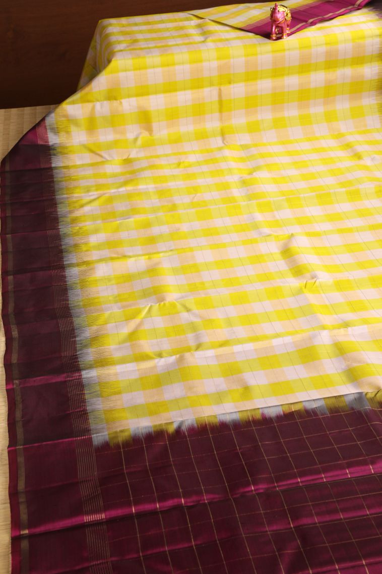 Lemon Yellow Soft Silk Saree with Gold Zari Checks view 2