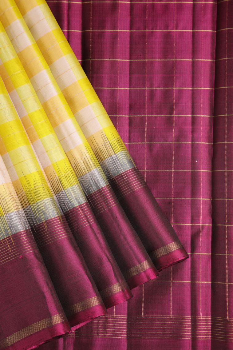 Lemon Yellow Soft Silk Saree with Gold Zari Checks