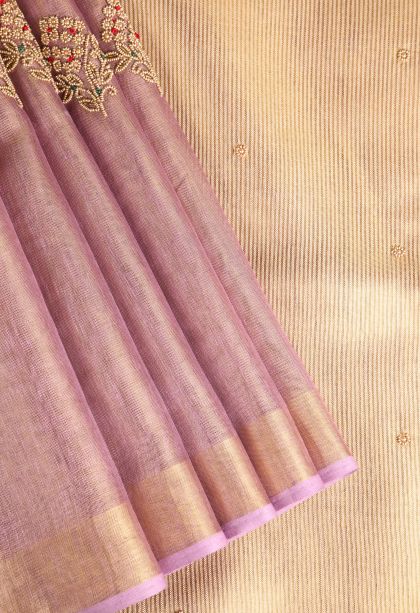 Periwinkle Purple Tissue Silk Sarees with Gold Zari Beeds Work