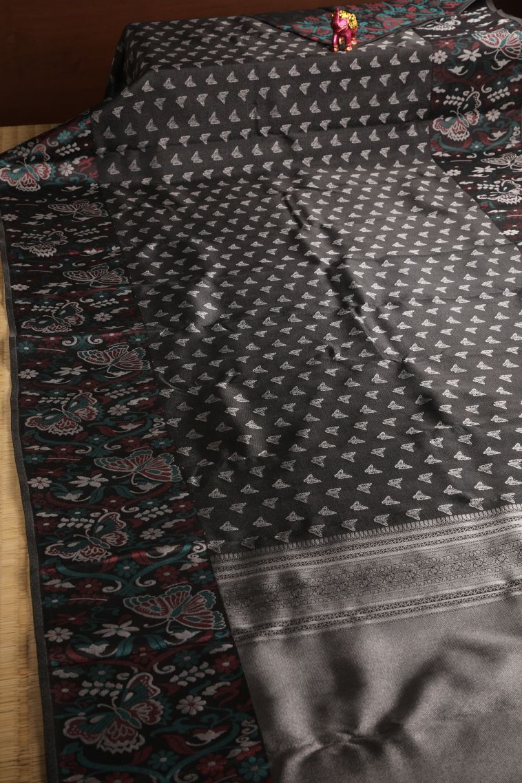 Asphalt Black Kanchipuram Silk Sarees with Silver Zari Butterfly Butta view 2