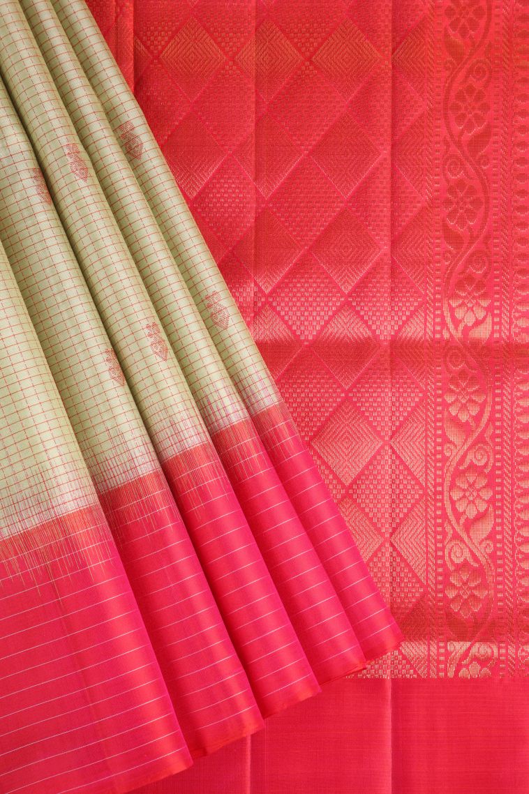 Cream White Soft Silk Saree with Copper Zari Floral Patterns view 1