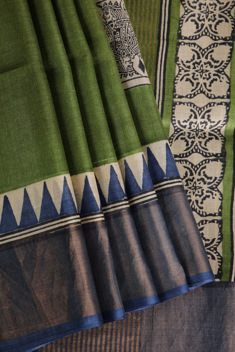 Juniper Green Tussar Saree with Gold Zari Geometric Shapes view 1