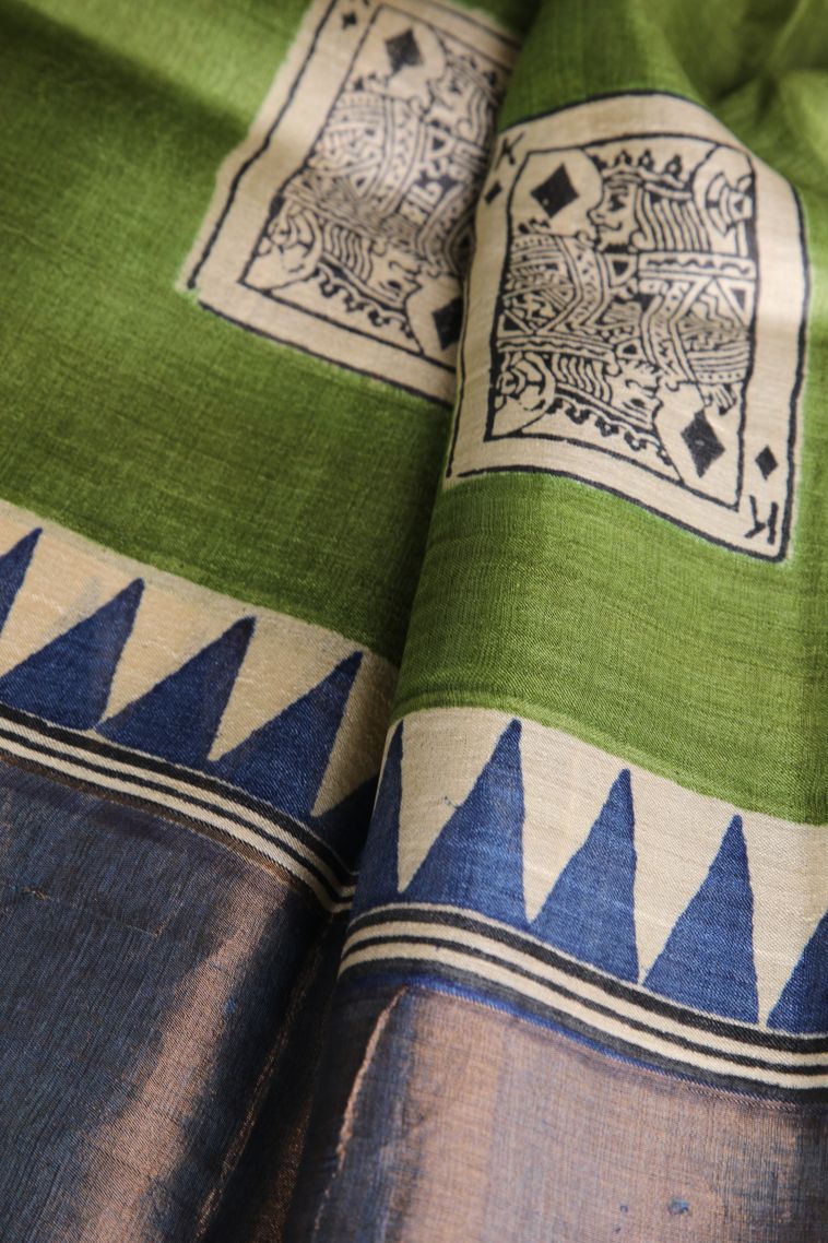 Juniper Green Tussar Saree with Gold Zari Geometric Shapes view 4