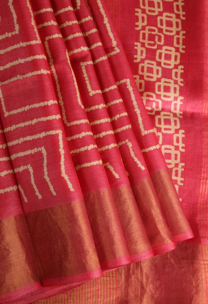 Punch Pink Tussar Saree with Gold Zari Geometric Shapes