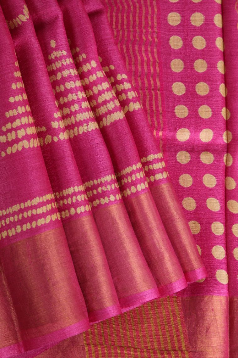 Fuscia Pink Tussar Saree with Gold Zari Geometric Shapes view 1